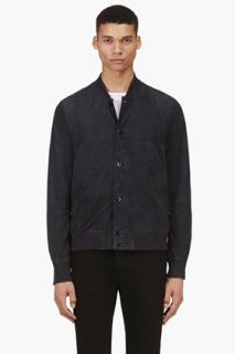 Paul Smith Jeans Navy Lambskin Suede Perforated Bomber Jacket