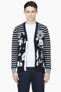 Sacai Navy Stripe And Floral Cardigan