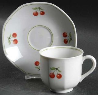 Villeroy & Boch Cherry Flat Cup & Saucer Set, Fine China Dinnerware   Octagonal,