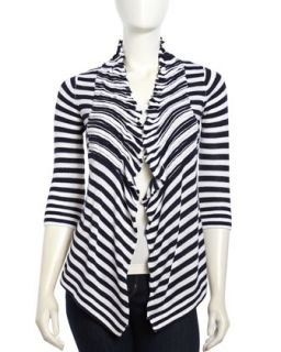 Ruffle Woven Open Front Cardigan, Navy/White