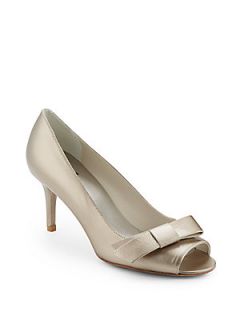 Bow Over Metallic Leather Peep Toe Pumps   Gold