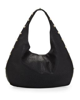 Pebbled Faux Leather Studded Hobo, Black