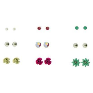 Womens Stone, Ball and Flower Stud Earrings Set of 9  