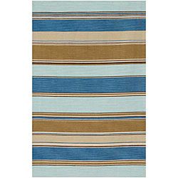 Flat Weave Striped Blue Wool Rug (9 X 12)