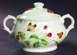 James Kent (England) Strawberry (Green Trim/Butterflies) Sugar Bowl & Lid, Fine