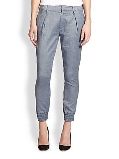 7 For All Mankind Chambray Cropped Tapered Leg Pants   Light Blue Chambray