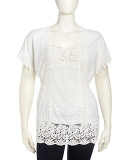 Short Sleeve Scalloped Lace Voile Blouse, Womens