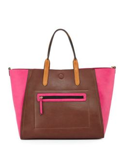 Zip Front Colorblocked Reversible Tote Bag, Brown/Fuchsia/Luggage