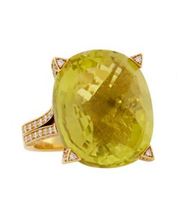 18 Karat Gold Lemon Quartz & Diamond Ring, Size 7