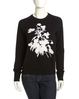 Floral Print Cashmere Sweater, Black/Ivory