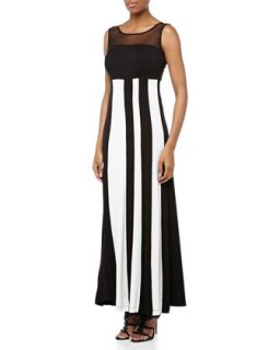 Mesh Yoke Striped Maxi Dress, Black/Ivory