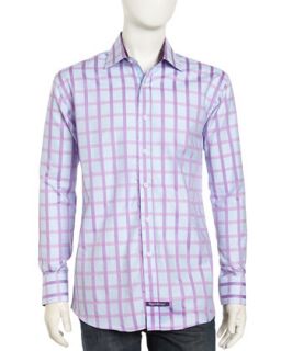 Long Sleeve Plaid Button Front Poplin Dress Shirt, Blue Purple