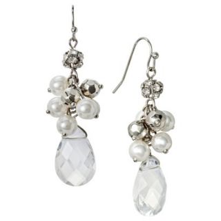 Womens Clear Teardrop Stone Fish Hook Earrings with Simulated Pearl Cluster  