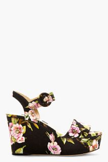 Dolce And Gabbana Black Floral Platform Wedge Heels