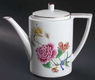Lynn Chase Flores Oval Coffee Pot & Lid, Fine China Dinnerware   Bug/Rope/Floral