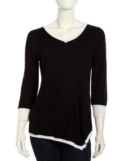 3/4 Asymmetric Slub Knit Sweater, Black