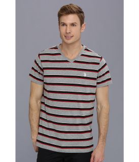 U.S. Polo Assn Striped V Neck T Shirt with Three Contrast Colors Mens T Shirt (Gray)