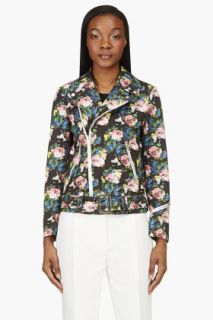 Msgm Black And Pink Floral Biker Jacket