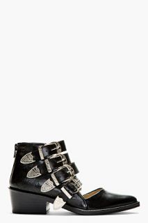 Toga Pulla Black Leather Open Front Western Buckle Boots