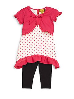 Nicole Miller Infants Three Piece Shrug, Polka Dot Top & Leggings Set   Pink Bl