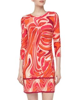 Three Quarter Paintbrush Print Stretch Knit Dress, Bright Coral Multi
