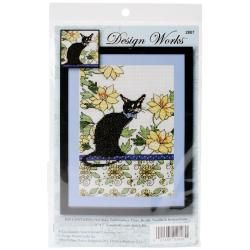 Yellow Floral Cat Counted Cross Stitch Kit   5 X7 14 Count