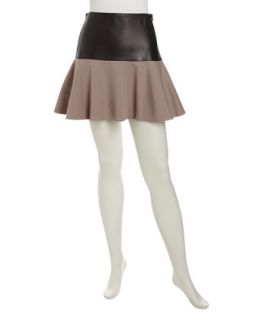 Leather and Twill Flare Skirt, Taupe