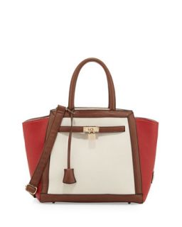 Corrine Colorblock Lock Satchel Bag, Red/Cream/Brown