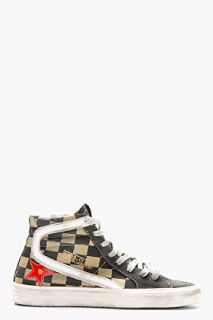 Golden Goose Khaki And Charcoal Check Slide Sneakers