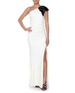 Floral Beaded One Shoulder Gown, Ivory
