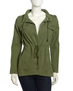 Drawstring Canvas Open Front Jacket, Green
