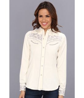 Roper Solid Cream Twill W/Border Womens Long Sleeve Button Up (White)