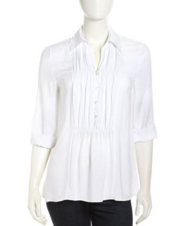Ruched Half Button Jersey Blouse, White