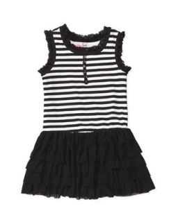 Striped Knit Ruffle Dress, Black/White, 4 6X