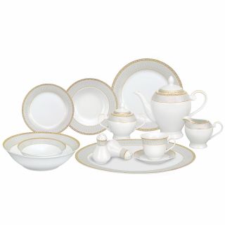 Lorren Home Trends 57 piece Porcelain Gold Accent Dinnerware Set (White with gold design borderMaterials PorcelainCare instructions Dishwasher safeService for Eight (8)Number of pieces in set 57Set includesEight (8) 10.5 inch dinner platesEight (8) 8