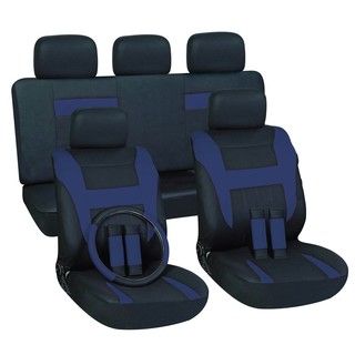 Blue 16 piece Car Seat Cover Set (BlueBucket seat dimensions 28 inches long x 17 inches deep x 6 inches highBench seat dimensions 48 inches long x 25 inches deep x 6 inches highSet includesFive (5) head rest pieces Four (4) seat belt pads Two (2) Bench