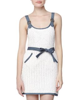 Sleeveless Crochet/Denim Overall Dress, White