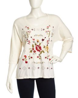 Three Quarter Dolman Sleeve Floral Embroidered Tee, Brie, Womens