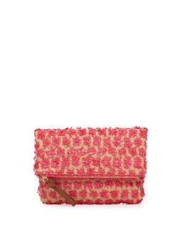 Raffia Cluster Foldover Crossbody Bag, Natural/Pink