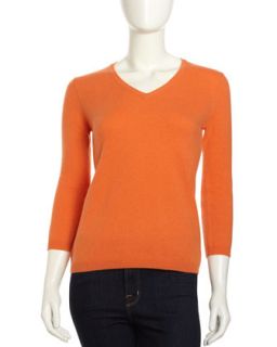 Cashmere V Neck 3/4 Sleeve Sweater, Orange