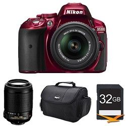 Nikon D5300 DX Format Digital SLR Kit (Red) w/ 18 55mm DX & 55 200mm VR Lens Bun