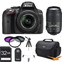 Nikon D5300 DX Format Digital SLR Kit (Black) w 18 55mm & 55 300mm VR Lens 32GB