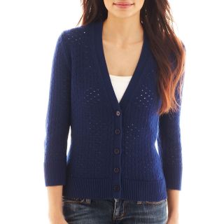 LIZ CLAIBORNE 3/4 Sleeve Pointelle Cardigan Sweater, American Navy, Womens