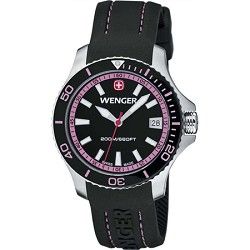 Wenger Ladies Sea Force Swiss Watch   Black and Pink Dial/Black Silicone Strap