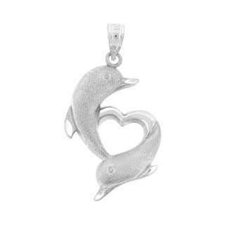 Sterling Silver Two Dolphin Heart Pendant, White, Womens
