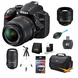 Nikon D3200 DX format Digital SLR Kit w/ 18 55mm, 55 300mm, 85mm Lens Kit