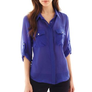 Como Black 3/4 Roll Sleeve Button Front Shirt   Petite, Blue