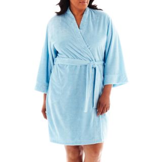 Earth Angels 3/4 Sleeve Short Wrap Robe   Plus, Blue, Womens