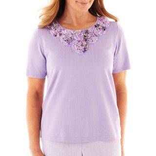 Alfred Dunner Provence Short Sleeve Floral Print Yoke Sweater, Lilac, Womens