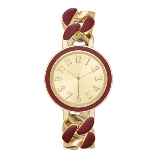 Womens Gold Tone Enamel Chain Bracelet Watch, Red